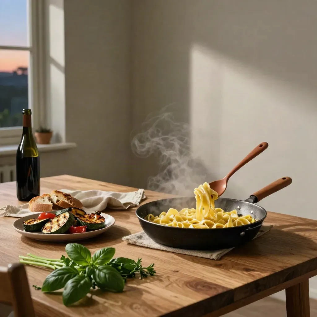 Tavolo italiano con pasta al limone fumante, verdure arrosto, pane rustico e vino scuro.