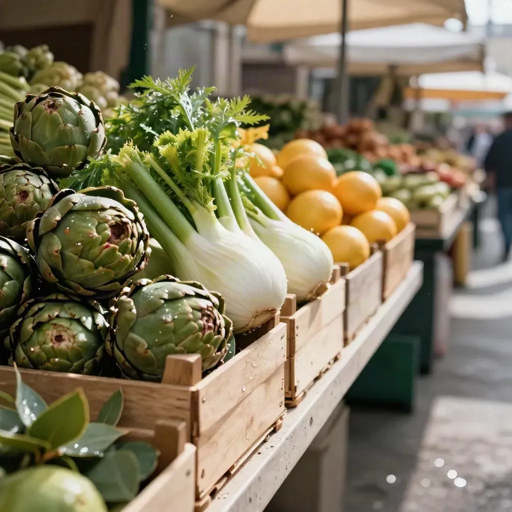 Bancarella di mercato con carciofi, finocchi e agrumi bagnati dopo la pioggia.