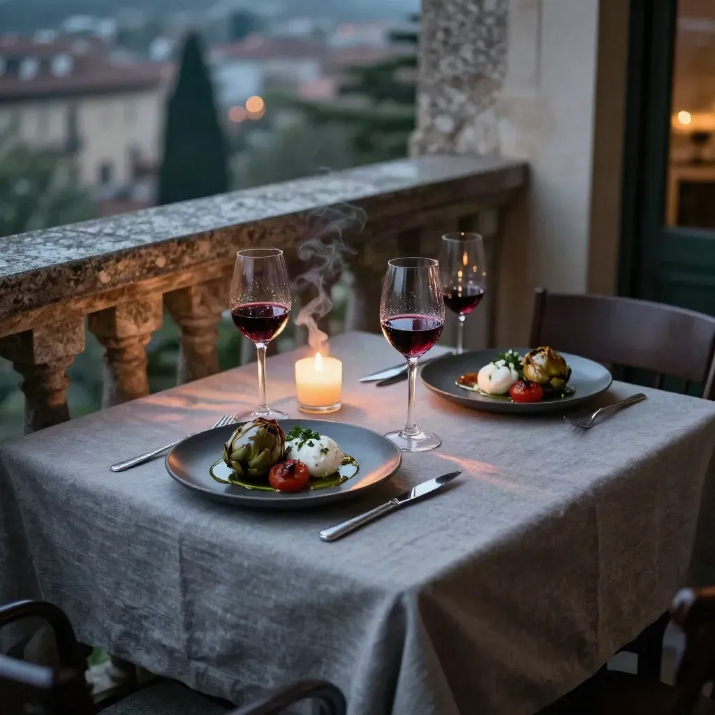 Tavola romantica per due con antipasti, calici di vino e candela al tramonto su terrazza.