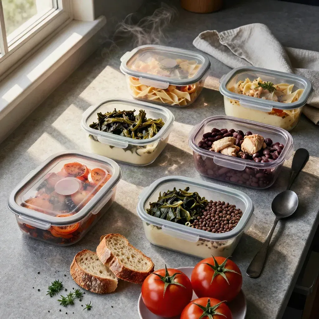 Cinque contenitori meal prep con cene semplici, pane, erbe e pomodori su piano di cucina.