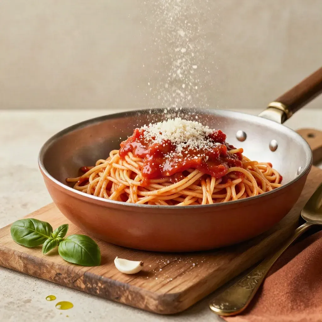 Macro di pasta al sugo rapido con basilico, aglio e parmigiano in una padella bassa.