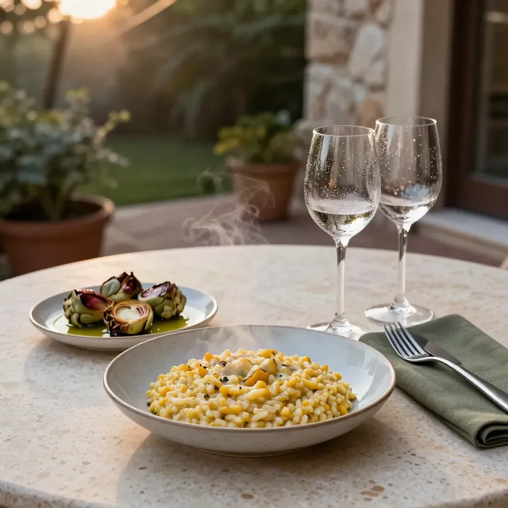 Risotto cremoso per due con calici di vino, contorno e tovagliolo su tavolo in travertino.