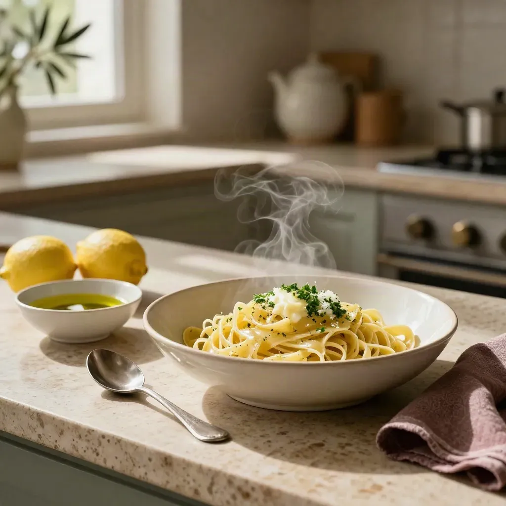 Pasta al limone lucida con limoni e olio su un piano travertino, luce calda e vapore leggero.