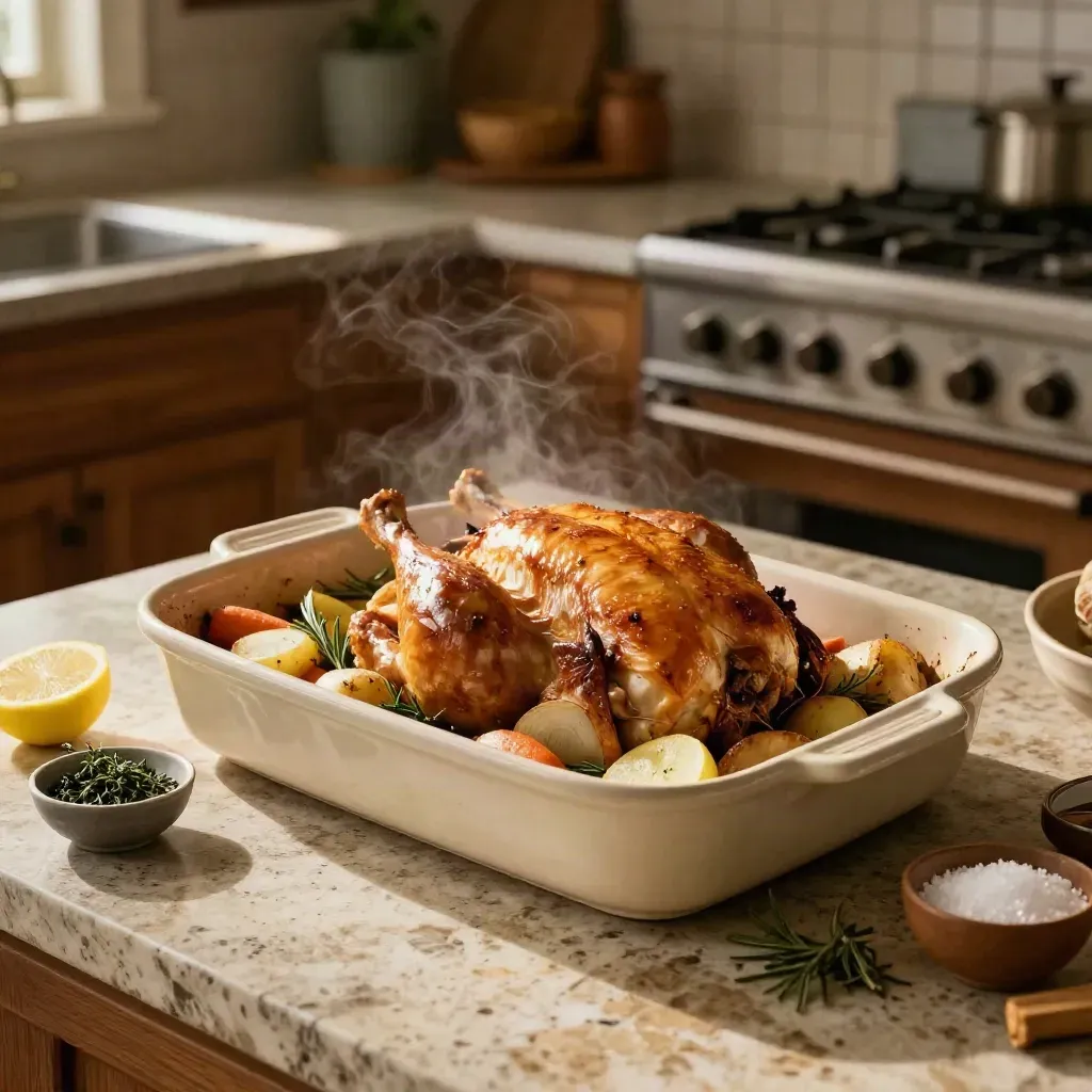 Pollo arrosto dorato con patate, verdure, erbe e limoni in cucina calda