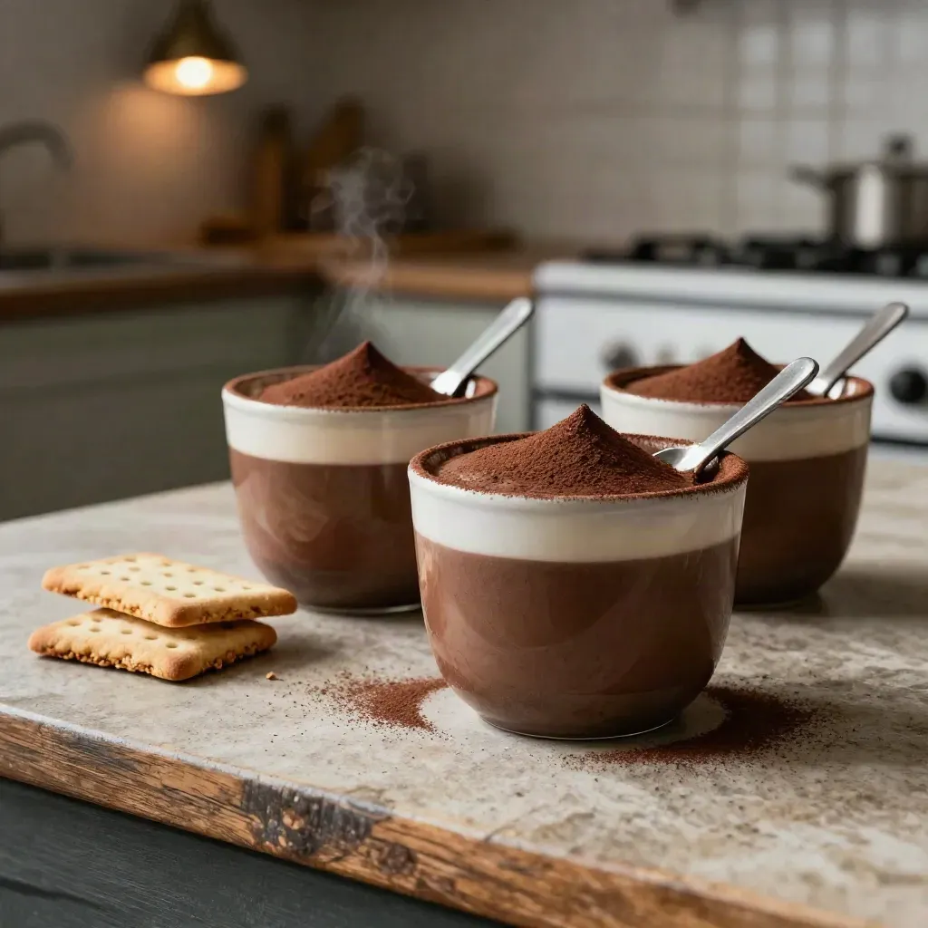 Mousse al cacao in coppette basse con biscotti e cucchiaini su un piano di cucina