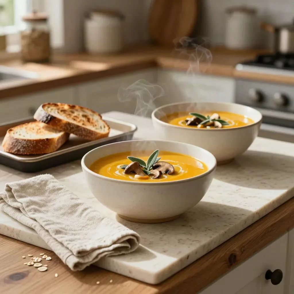 Zuppa d’autunno con zucca, funghi e salvia, pane tostato e vapore gentile in cucina.