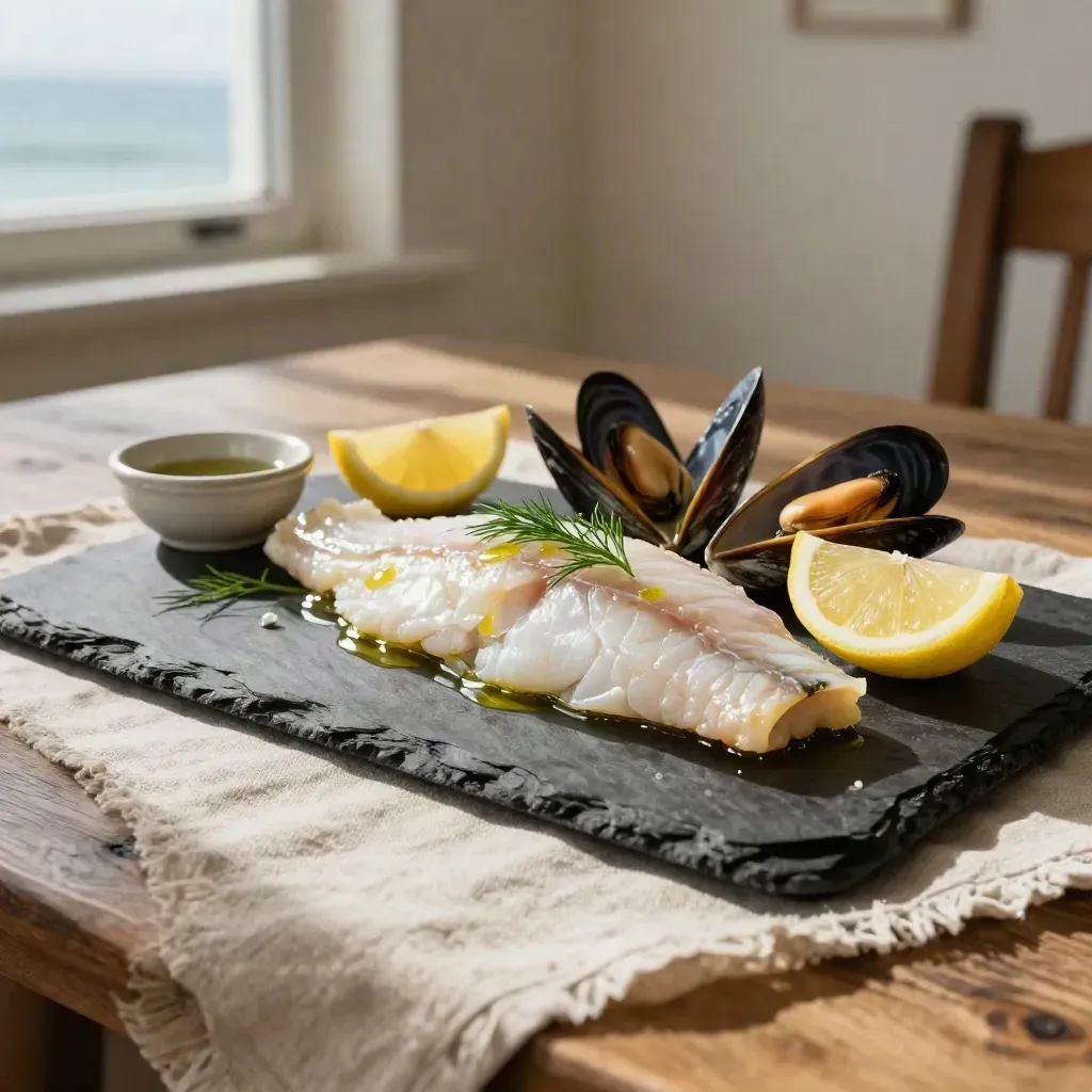 Filetti di pesce con limone, cozze e erbe su lino grezzo, in luce calda laterale