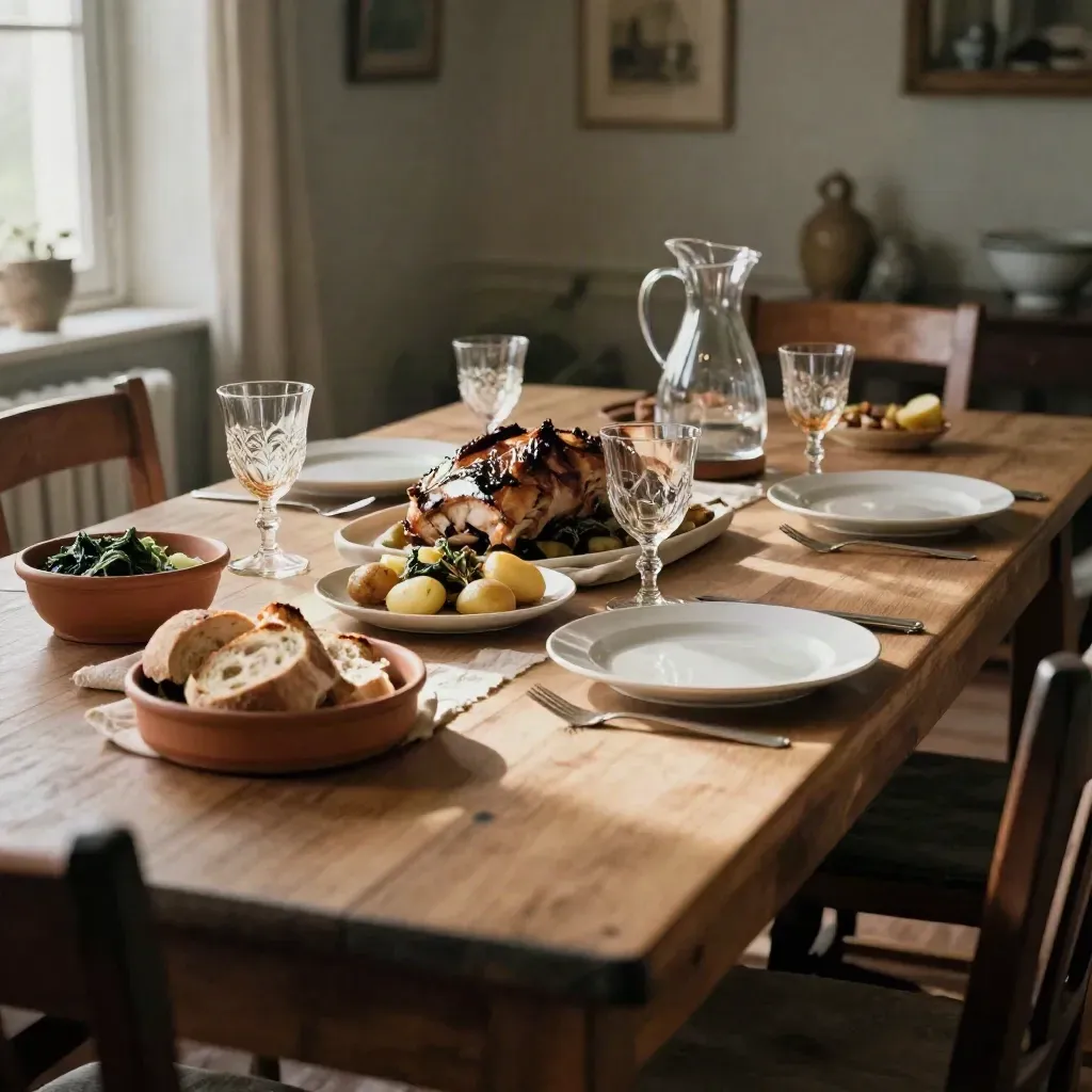 Tavola domenicale con arrosto, contorni, pane, brocca d’acqua e bicchieri spaiati in luce morbida.