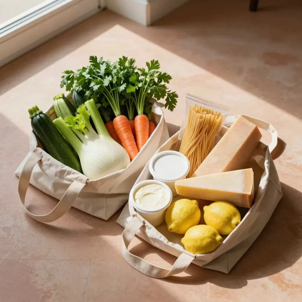 Dall’alto, due borse della spesa aperte con pasta, verdure, latticini e limoni in ordine.