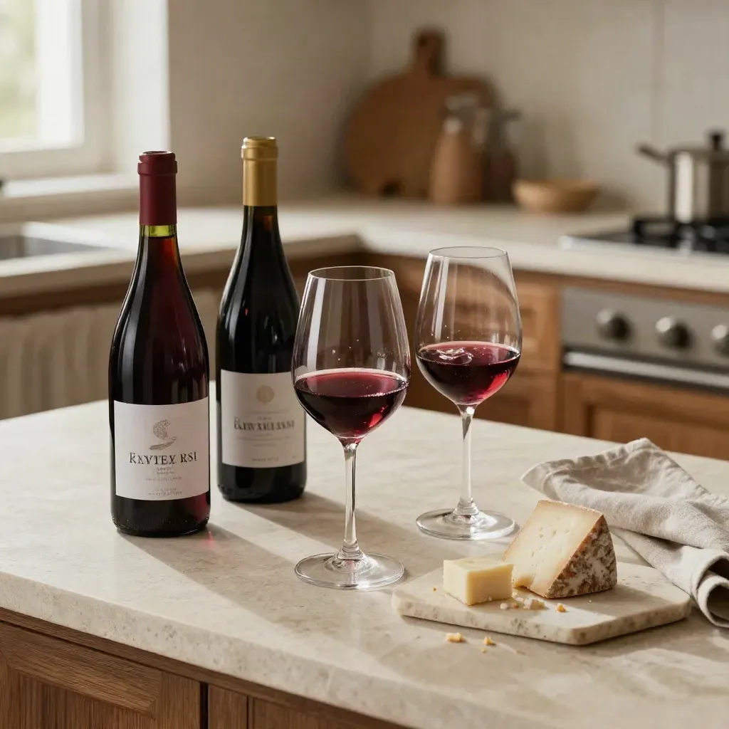 Bottiglie di vino rosso, due calici e formaggi su pietra chiara