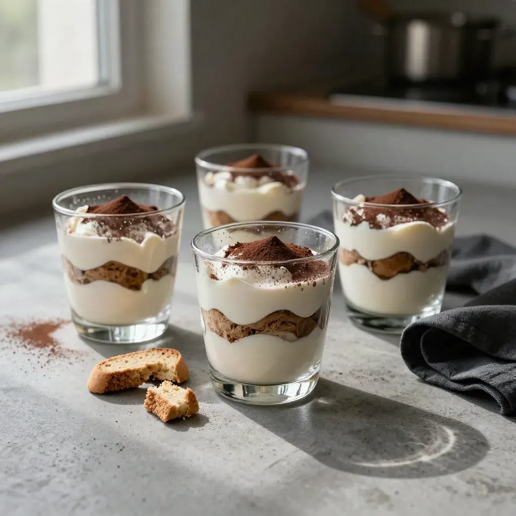 Dolci al cucchiaio in bicchieri con cacao e biscotti su piano di cemento.