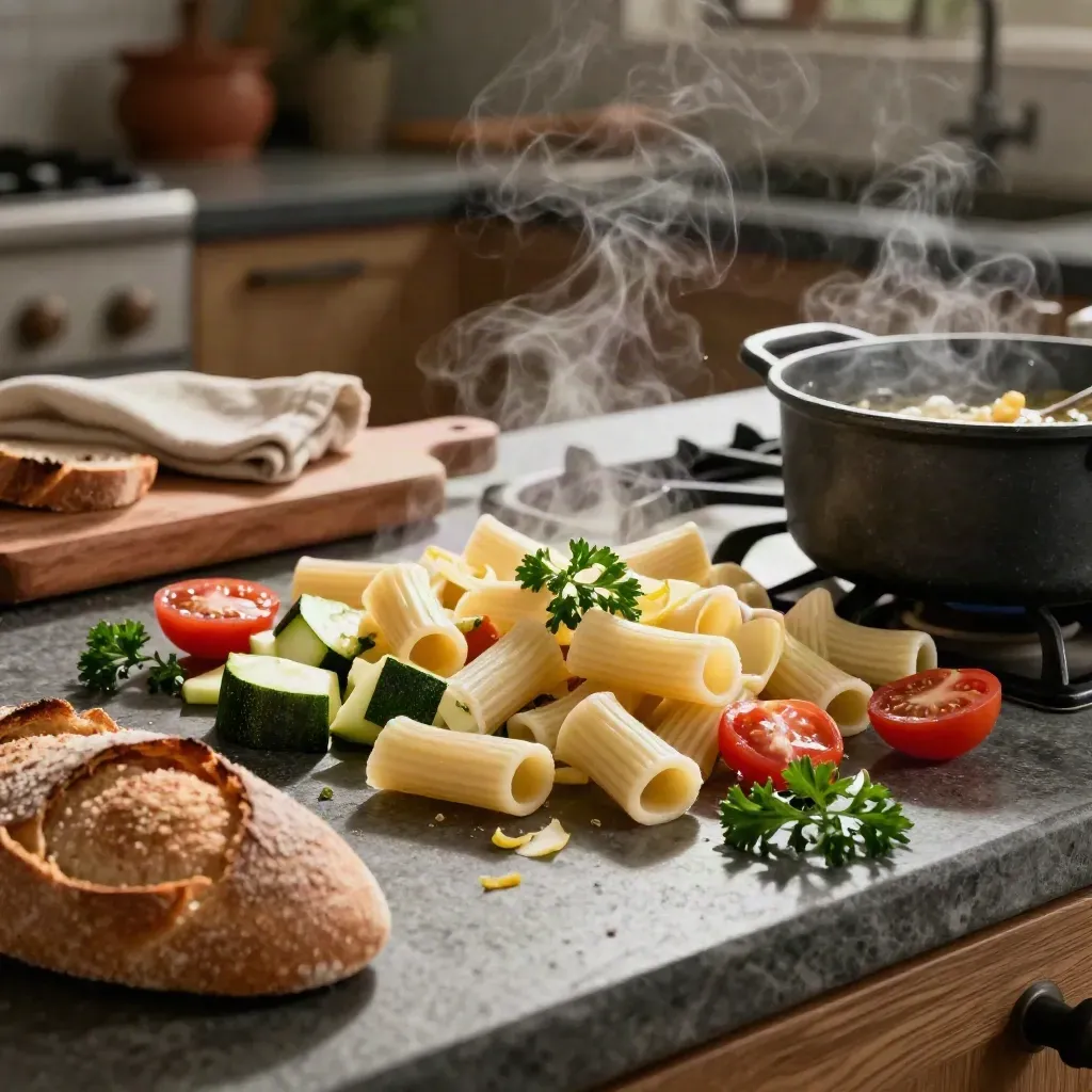 Pasta corta, verdure tagliate, pane, limone e pentola fumante su piano cucina