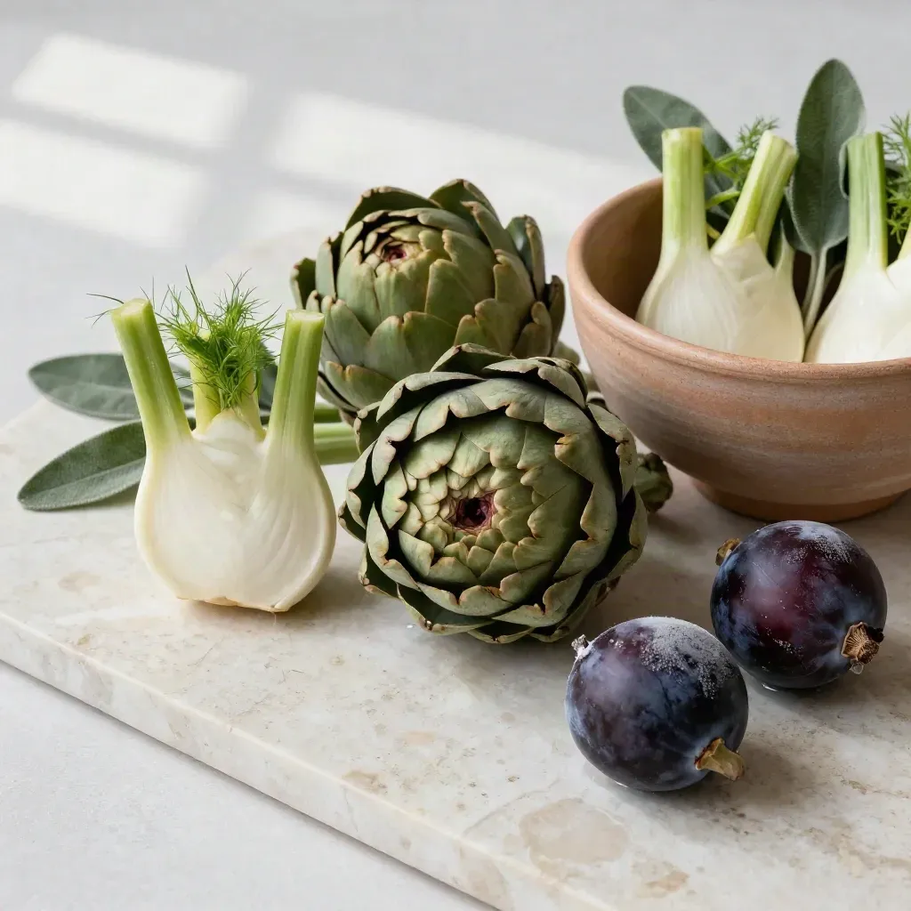 Carciofi, finocchi, susine e salvia su travertino chiaro accanto a una ciotola in terracotta