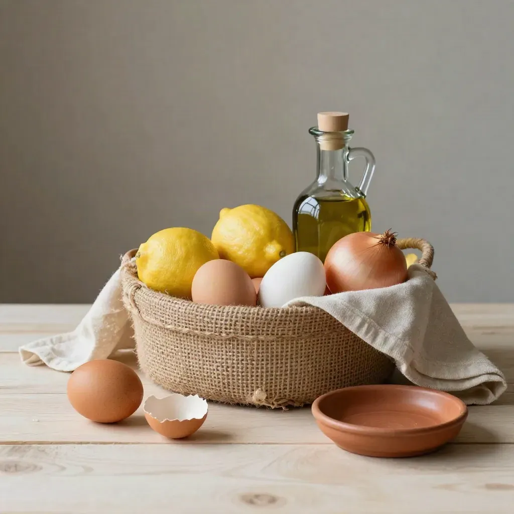 Un cestino di tela con uova, limoni, cipolla e olio su legno chiaro.